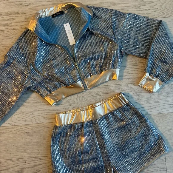 Denim gold sequin jacket and shorts set size medium - Picture 3 of 5